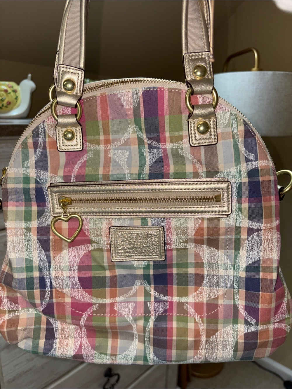 Coach Multicolor Plaid Signature Dome Satchel with Gold Heart Charm